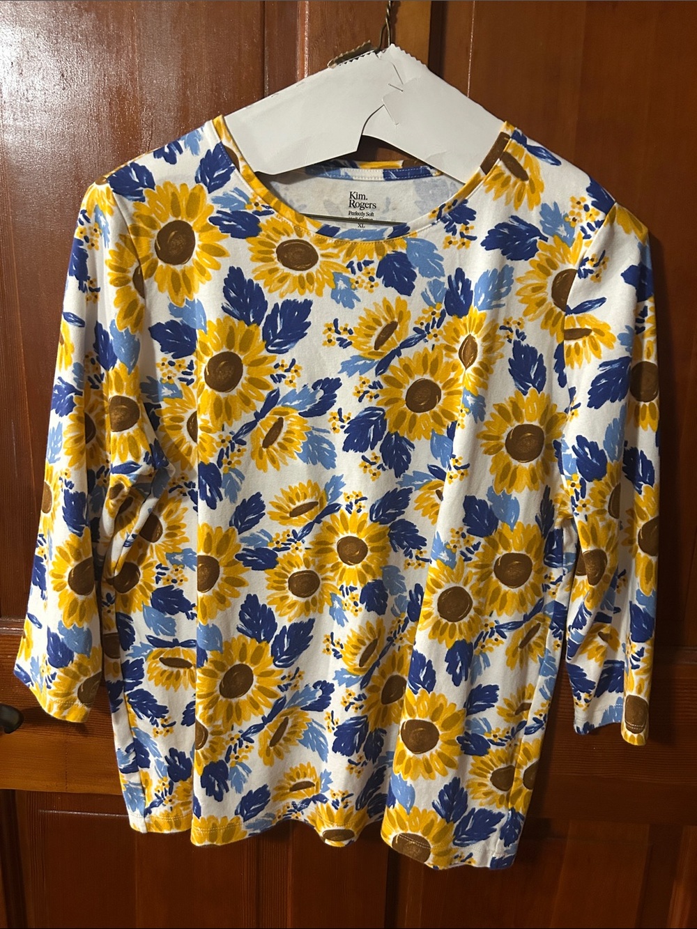 Kim Rogers White 3/5 Sleeve Top with Yellow Sunflower & Blue Leaf Print